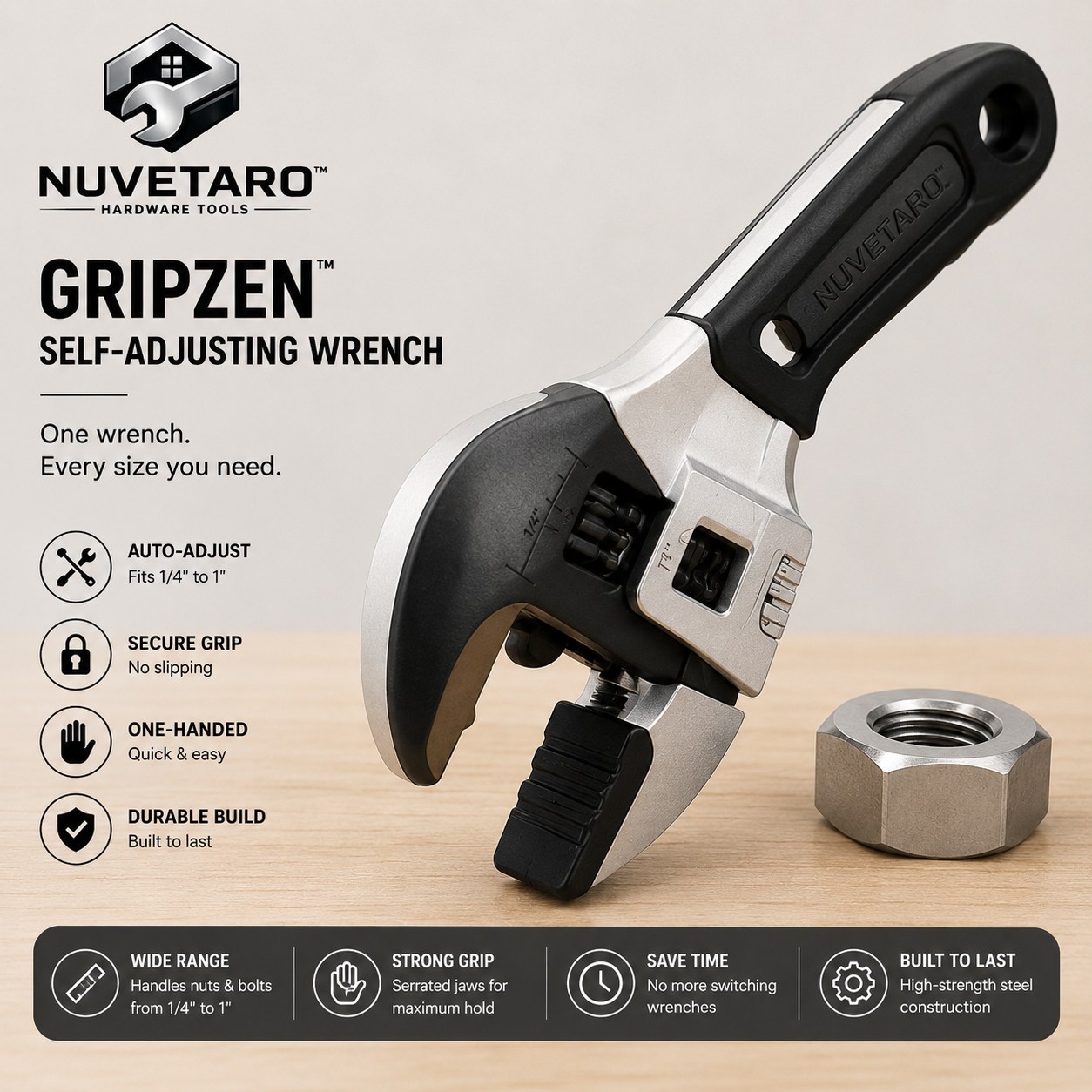 NUVETARO™ GripZen Pro – Self-Adjusting Smart Wrench