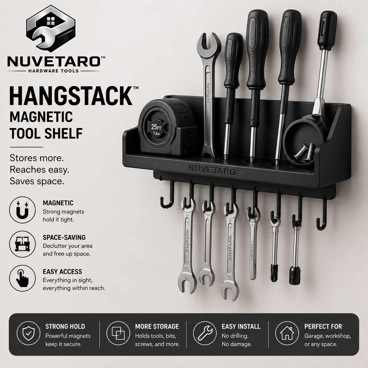 NUVETARO™ HangStack Pro – Magnetic Wall Tool Organizer