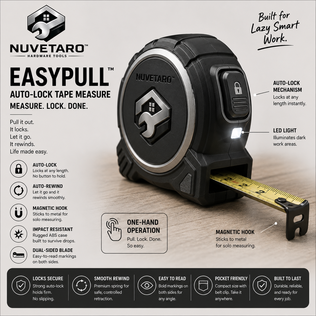 NUVETARO™ EasyPull Max – Smart Auto-Lock Tape Measure