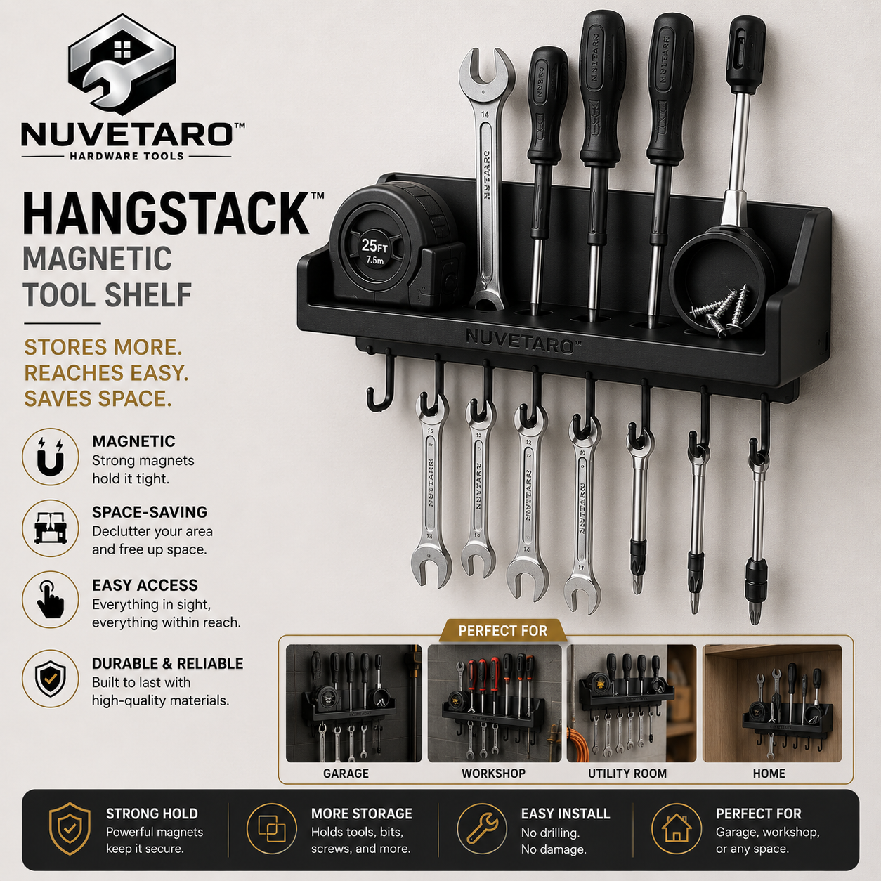 NUVETARO™ HangStack Pro – Magnetic Wall Tool Organizer