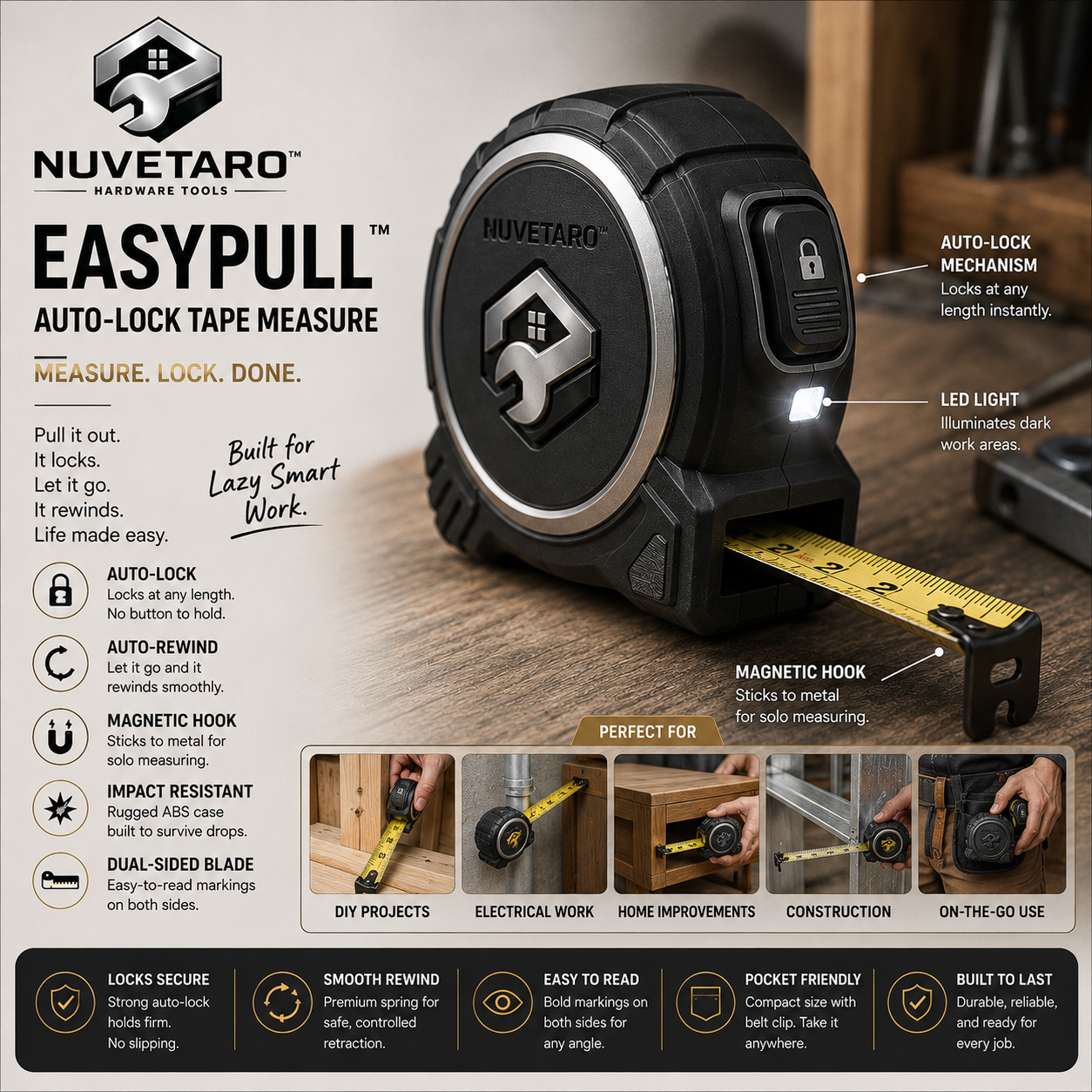 NUVETARO™ EasyPull Max – Smart Auto-Lock Tape Measure